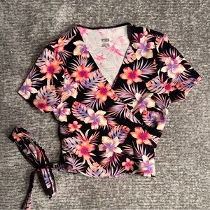 Victoria's Secret Pink Tropical Floral Cropped Wrap Top Blouse Beachy L
